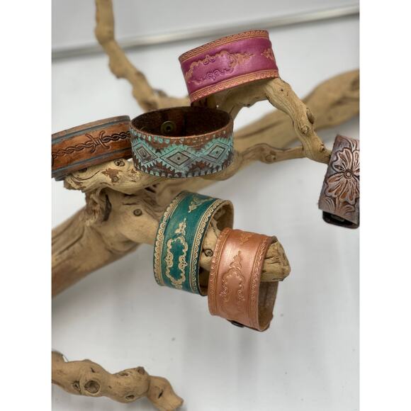 Western Boho Layering Hand Tooled Leather Bracelet Ivory Brown - Picture 6 of 8